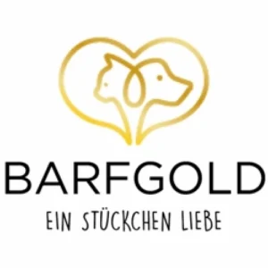 Logo von BARFGOLD mit einem Hund & Katze in goldenem Herz sowie gross dem Namen