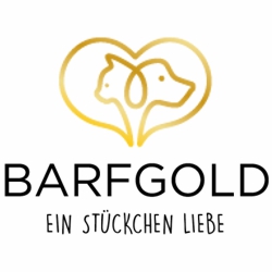 Logo von BARFGOLD mit einem Hund & Katze in goldenem Herz sowie gross dem Namen