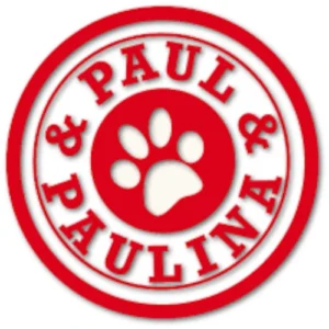 Logo von Paul & Paulina, Roter kreis mit pfotenabdruck & den Namen